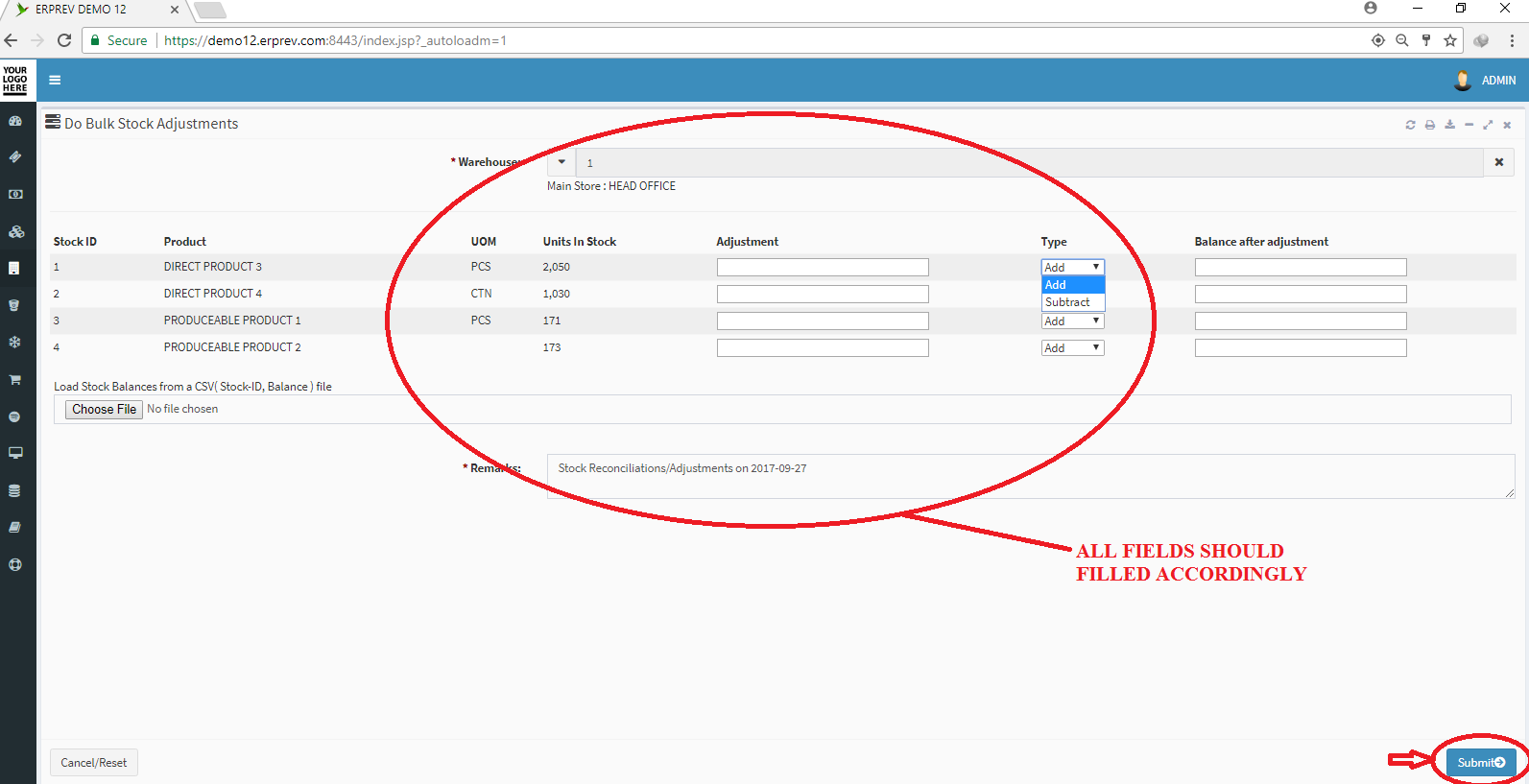 Bulk Stock Adjustments