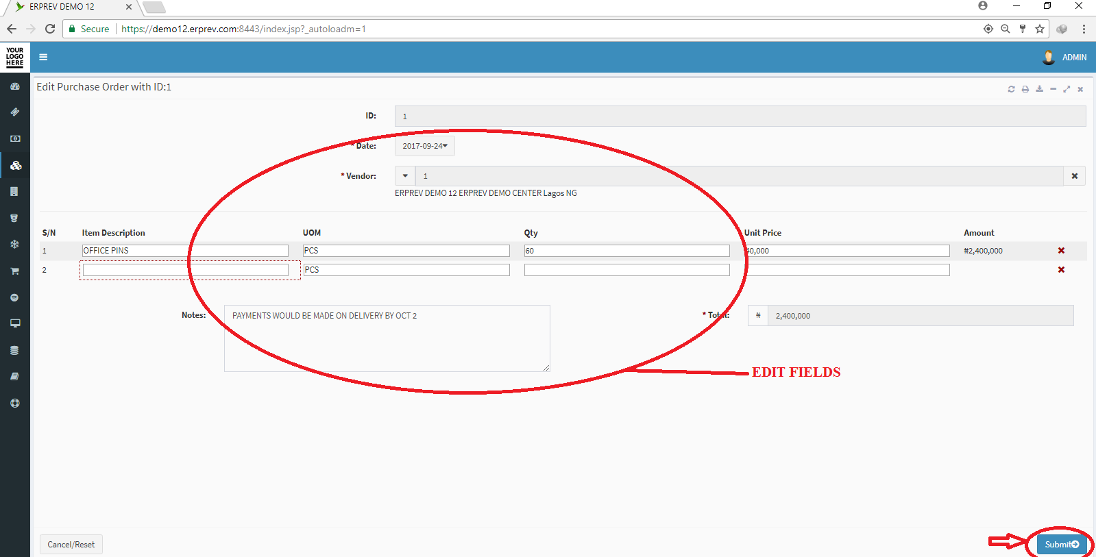 Edit Purchase Order